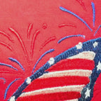 Video showing actual product.  Red shirt with patriotic butterfly machine embroidered on front.