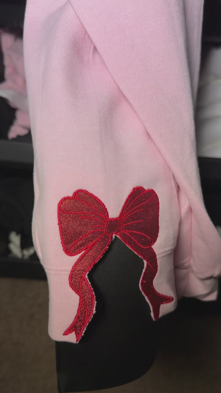 Glitter satin bow embroidery on pink Valentine sweatshirt 