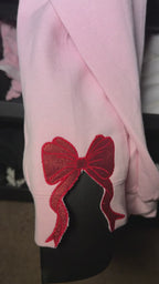 Glitter satin bow embroidery on pink Valentine sweatshirt 