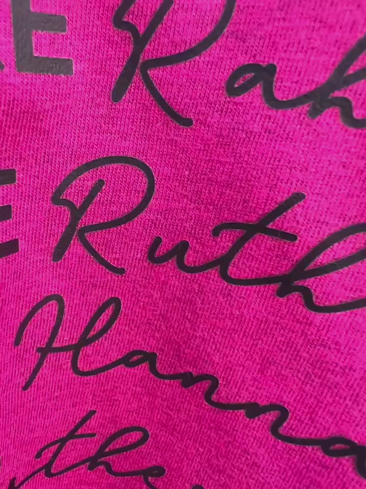 Video of Berry-colored Woman of the Bible t-shirt with names of strong biblical women in script.