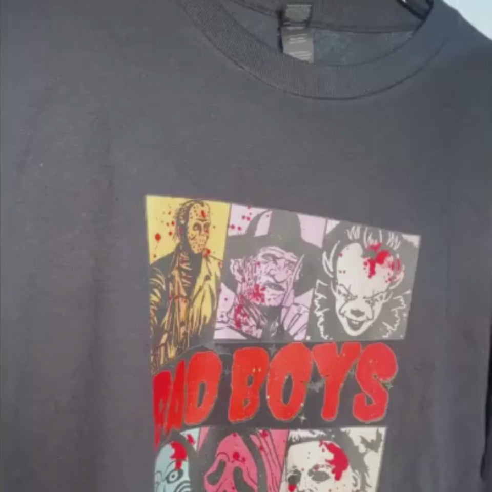 Black long sleeve Halloween shirt with Jason, Freddy, Michael Myers, Pennywise, and Jigsaw graphic, “Bad Boys” design