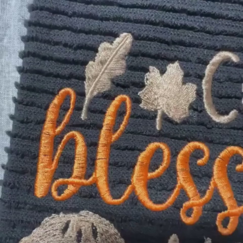 Durable absorbent Thanksgiving towel with festive embroidery design