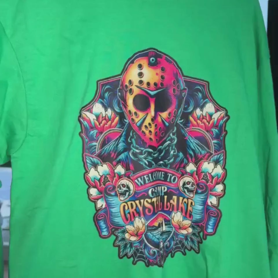 Green long sleeve t-shirt featuring bold Jason Voorhees graphic with Camp Crystal Lake text – horror movie Halloween shirt