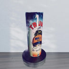 Trump Girl - No Apologies Tumbler with American flag colors on a stand