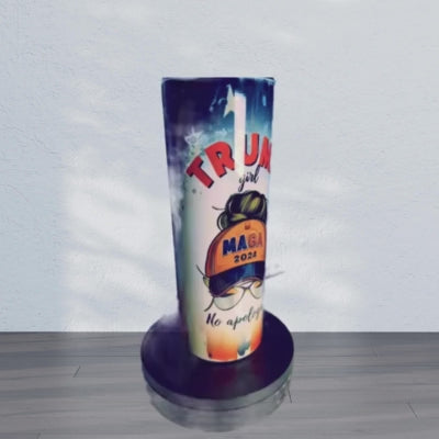 Trump Girl - No Apologies Tumbler with American flag colors on a stand
