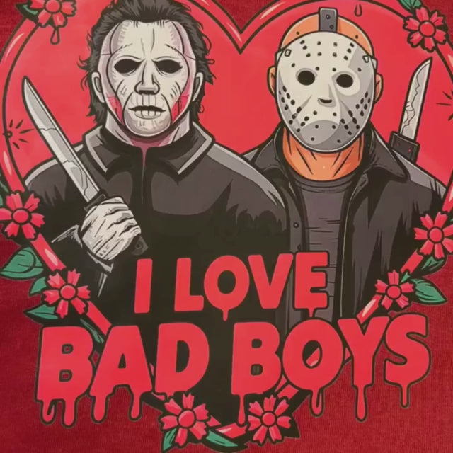 Close up video of Bad Boy tshirt with slasher images of Jason and Michael Meyers 