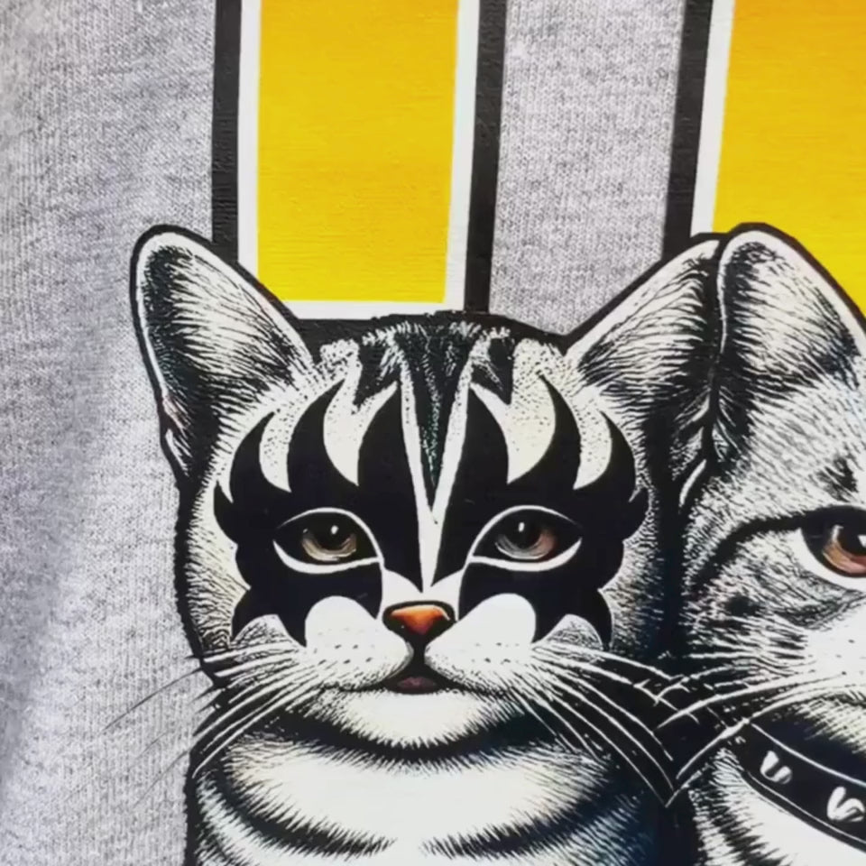Rock music vintage tee with cats dressed as KISS members.