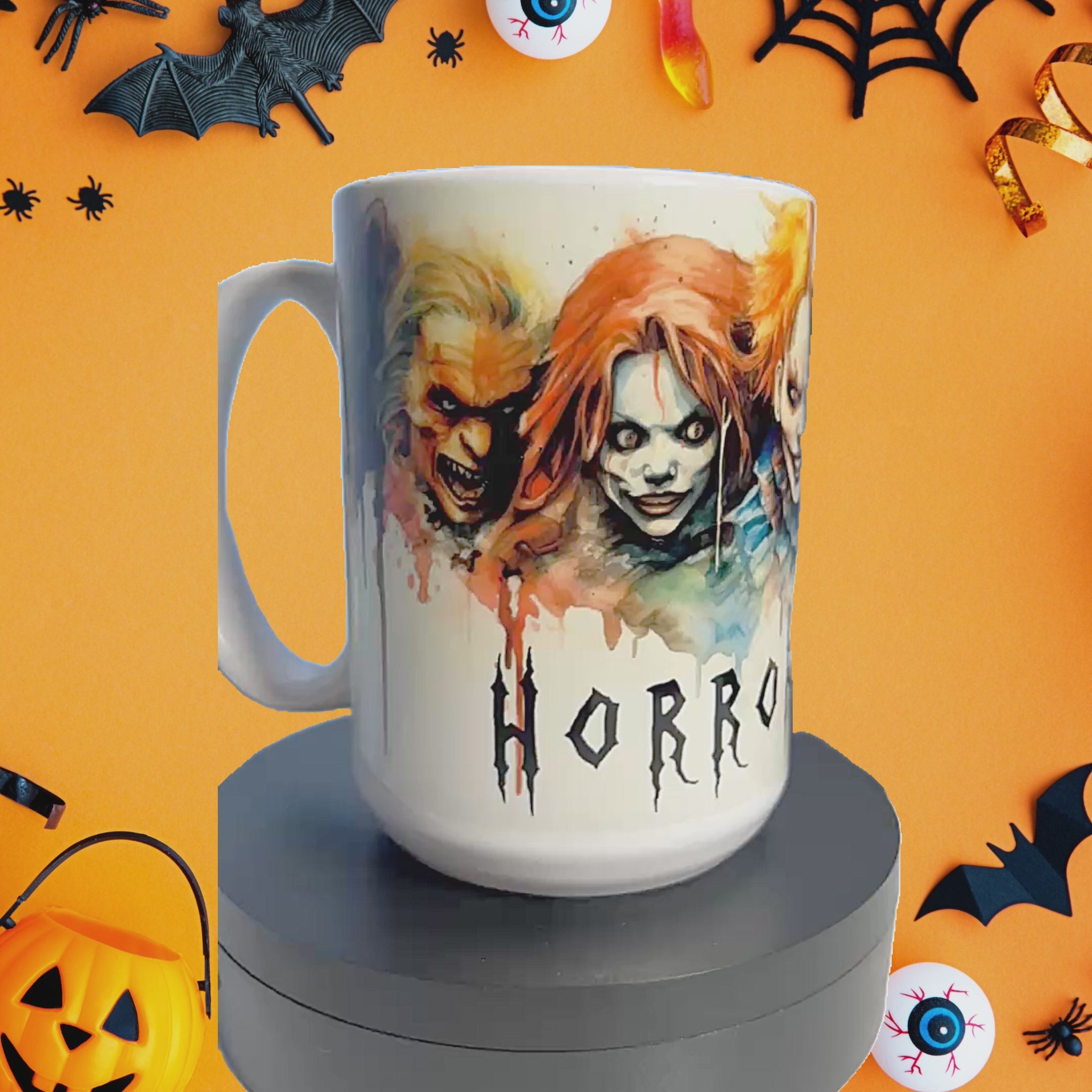 Horror Fuel Mug on a spinning platform with a Halloween background.