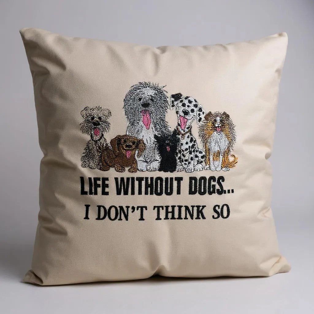 Video of woman holding the Life Without Dogs Throw Pillow illustrating its plushness.