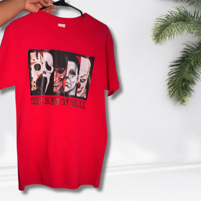 Red Boys of Fall Halloween Horror Tee folded – Jason, Ghostface, Freddy, Michael Myers & Pennywise