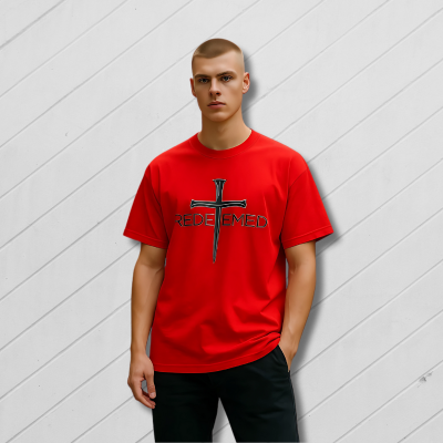 Man wearing a red t-shirt with a cross and 'REDEEMED' text against a light wooden panel background