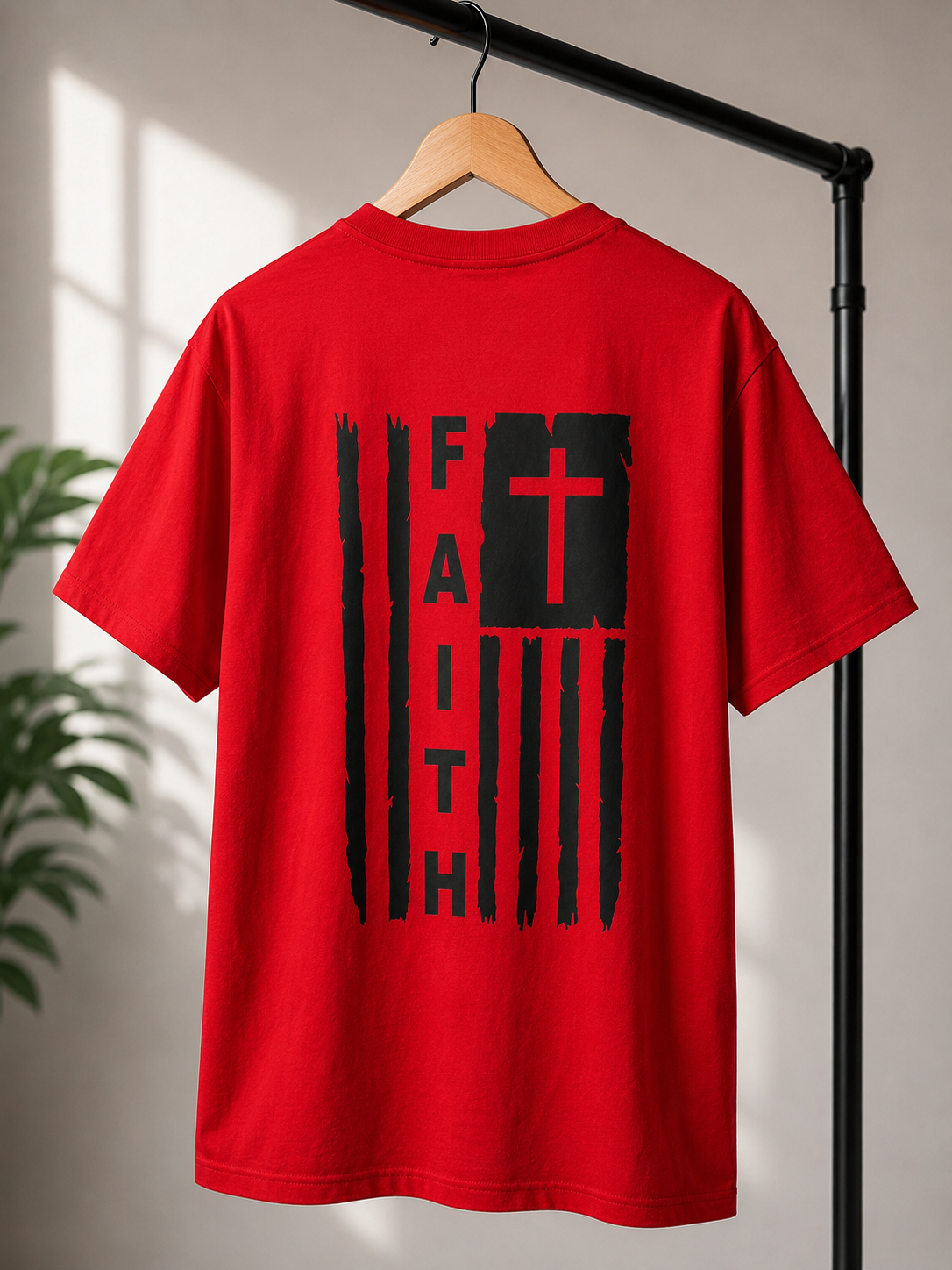 A red short-sleeve T-shirt hanging on a wooden hanger from a black clothing rack, featuring a large black distressed American flag-style graphic on the back with the word 'FAITH' running vertically and a red cross inside the flag.