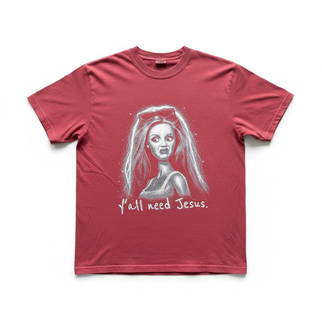 A red short-sleeve crewneck t-shirt featuring a sketch-style graphic of a woman with long hair and the text 'Y'all need Jesus.' printed below, displayed flat against a white background.