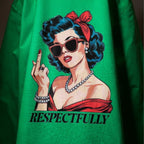 Green jacket with a graphic of a woman giving the middle finger and the text 'RESPECTFULLY' on a green background.