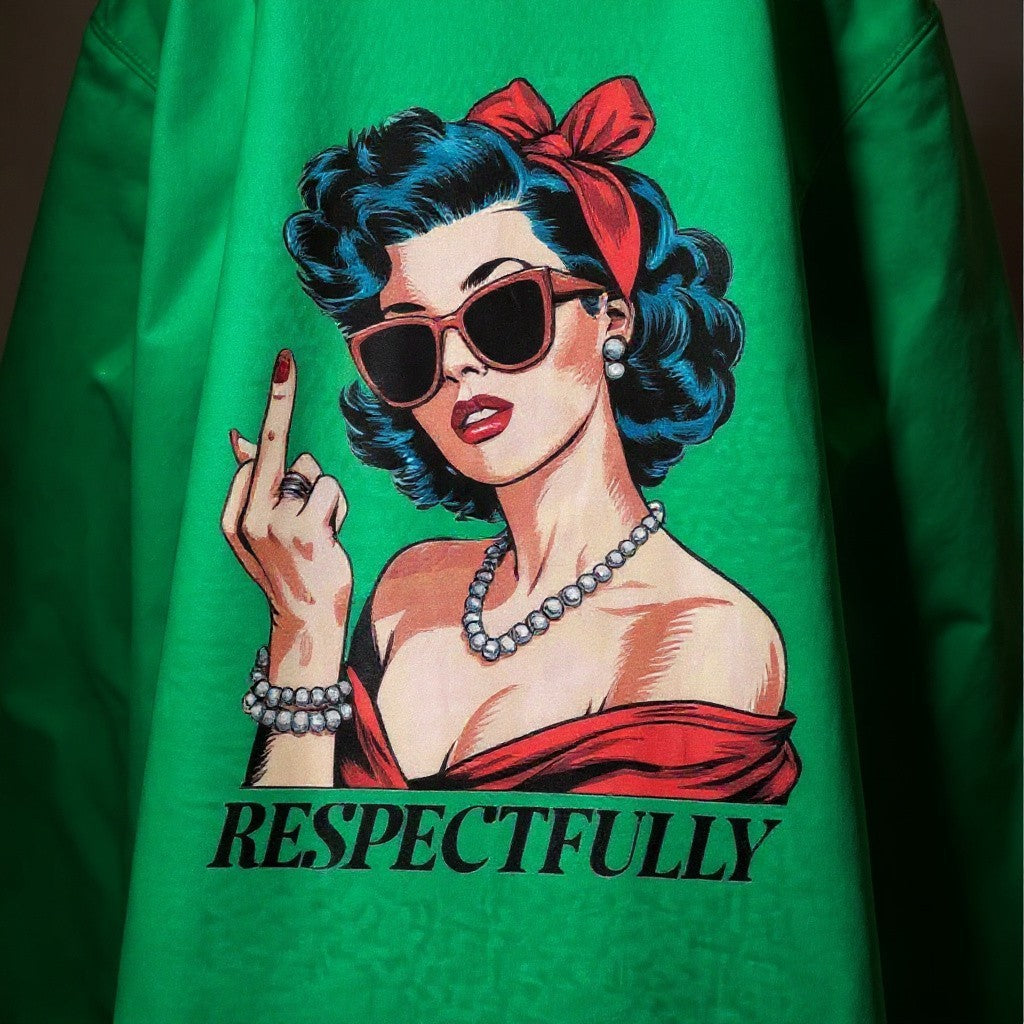 Green jacket with a graphic of a woman giving the middle finger and the text 'RESPECTFULLY' on a green background.