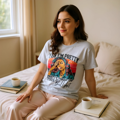 Woman wearing retro-style Yes I’m Pretty Tired of This Bullshit graphic tee.