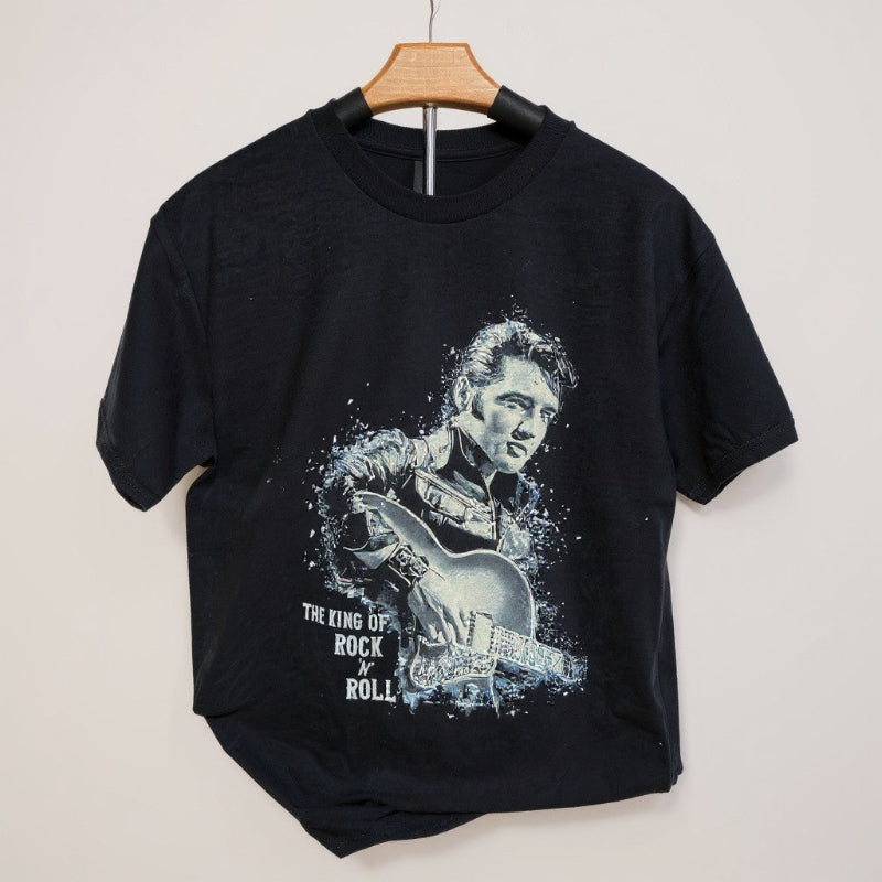 Elvis Presley King of Rock n’ Roll fan t-shirt for collectors and enthusiasts on a beige background.