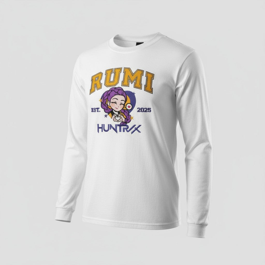 White long-sleeve shirt with 'RUMI' and 'HUNTRX' branding on a gray background