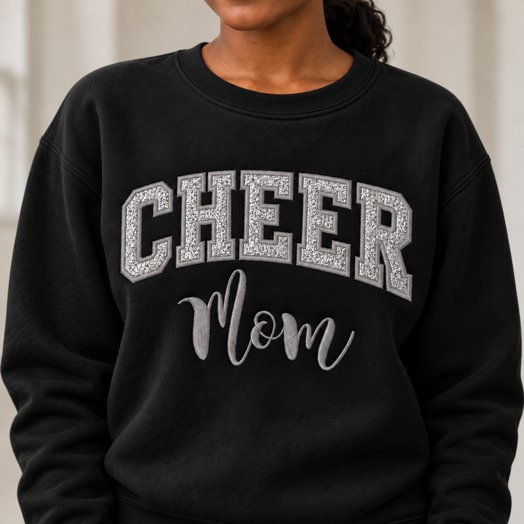 Black CHEER Mom sweatshirt with silver glitter HTV and gray embroidery