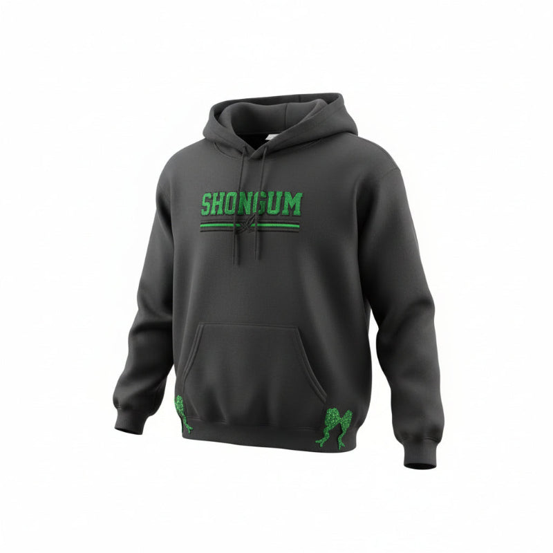 Black hoodie with green text and graphics on a white background