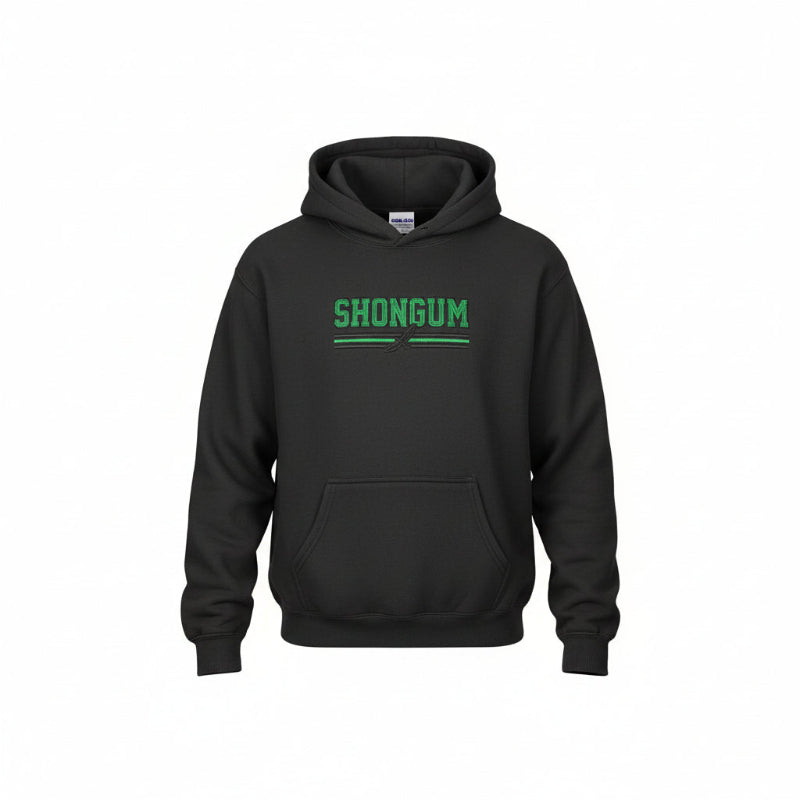Black hoodie with 'SHONGUM' text on a white background