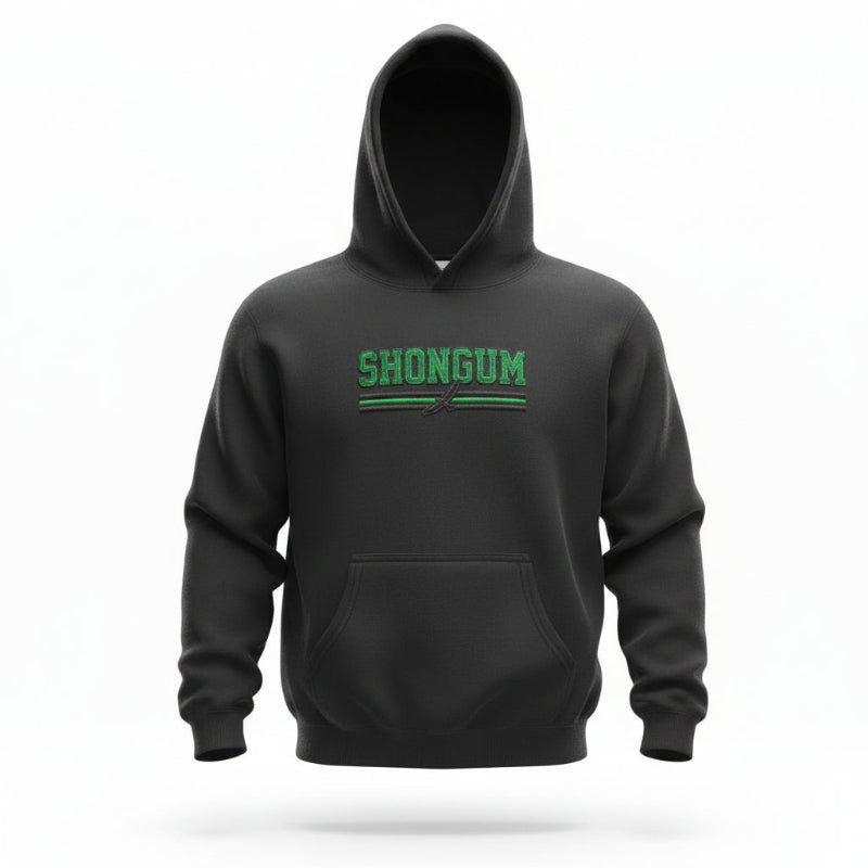 Black hoodie with 'SHONGUM' text in green on a white background