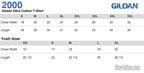 Gildan Ultra Cotton T-Shirt size chart with measurements for adults and youth.