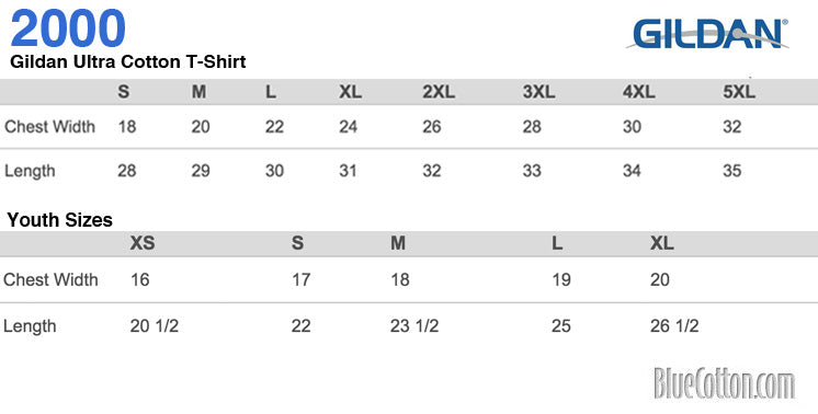 Gildan Ultra Cotton T-Shirt size chart with measurements for adults and youth.