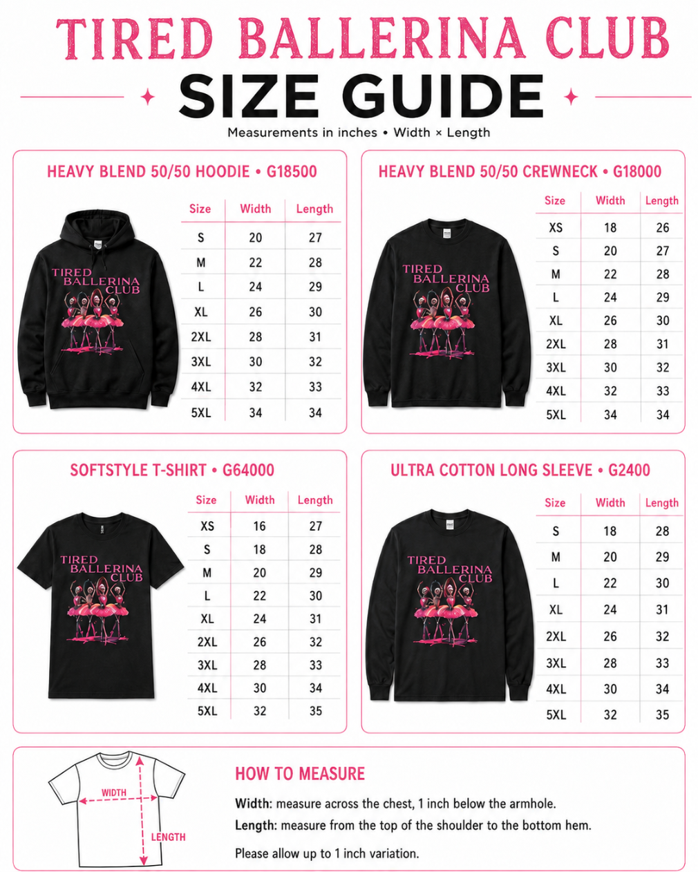 A size guide infographic for the Tired Ballerina Club, showing measurements for four different hoodie styles (Heavy Blend 50/50 Hoodie, Softstyle T-Shirt, Ultra Cotton Long Sleeve, and Heavy Blend 50/50 Crewneck) in a clean, four-quadrant layout with product photos, sizing tables, and a measurement diagram.