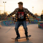 Person skateboarding at a skate park with graffiti in the background wearing a Paws N Roses t-shirt.