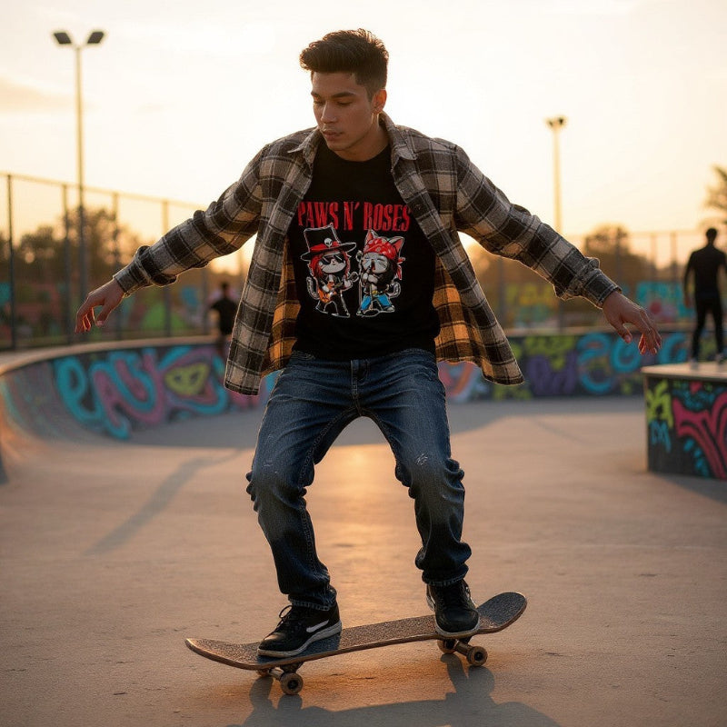 Person skateboarding at a skate park with graffiti in the background wearing a Paws N Roses t-shirt.