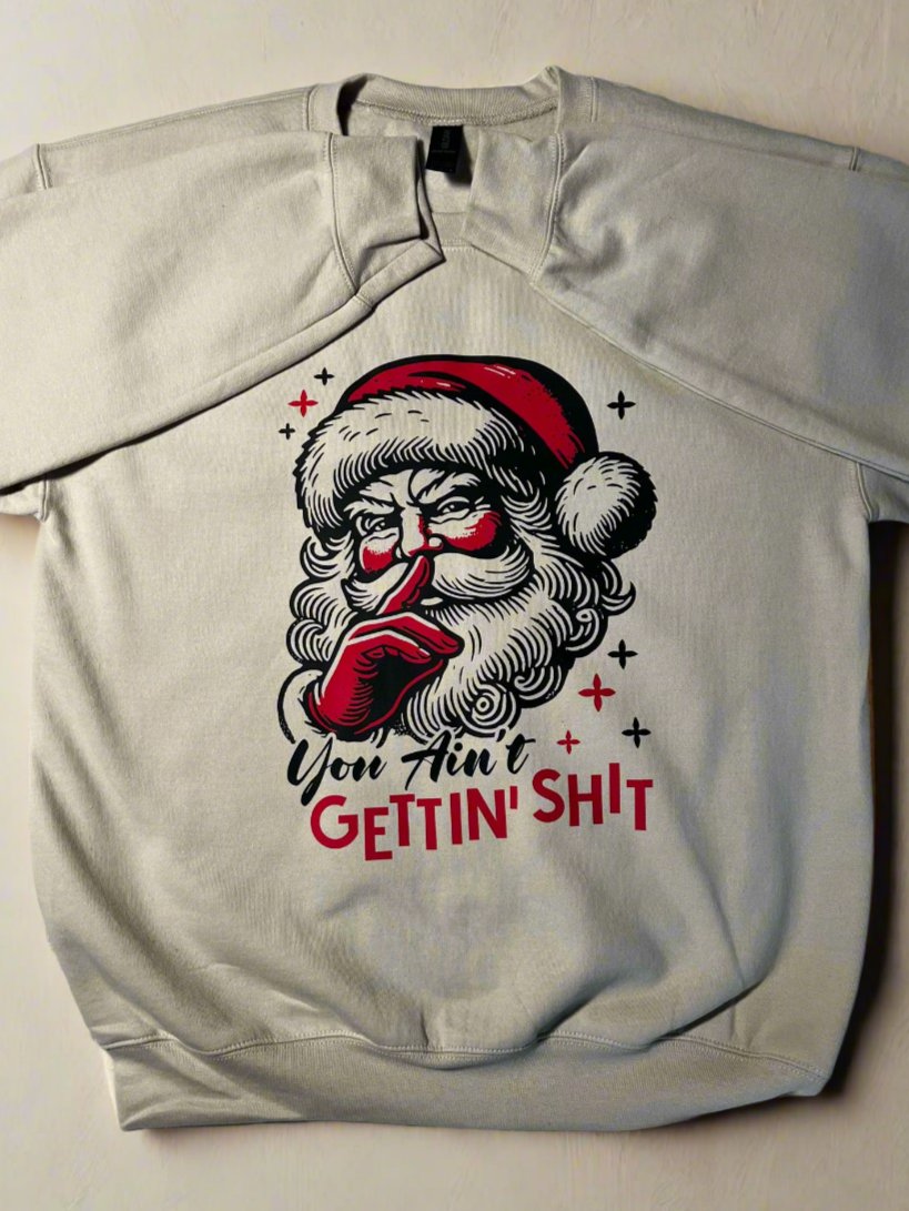 Cream crewneck holiday sweatshirt with retro Santa graphic and cheeky holiday message