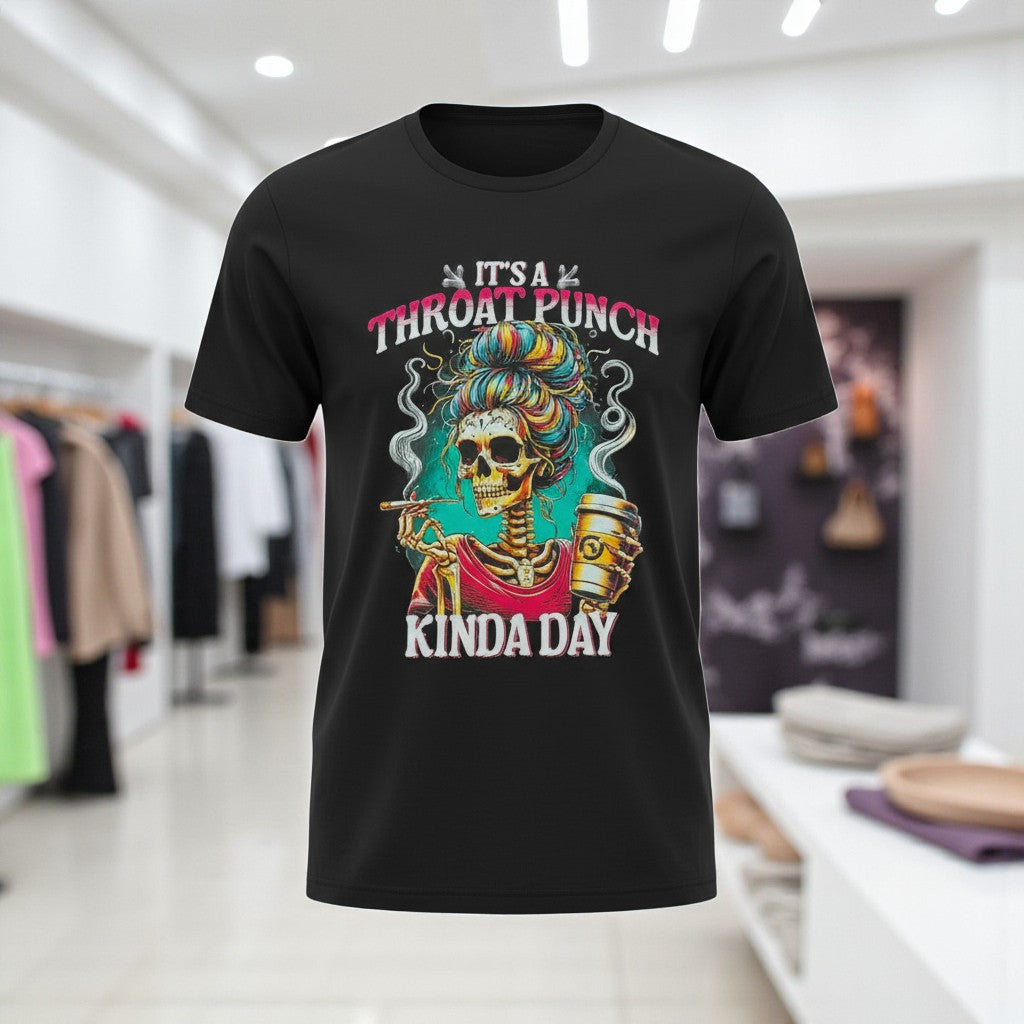 Black t-shirt with colorful graphic design and text in a store setting