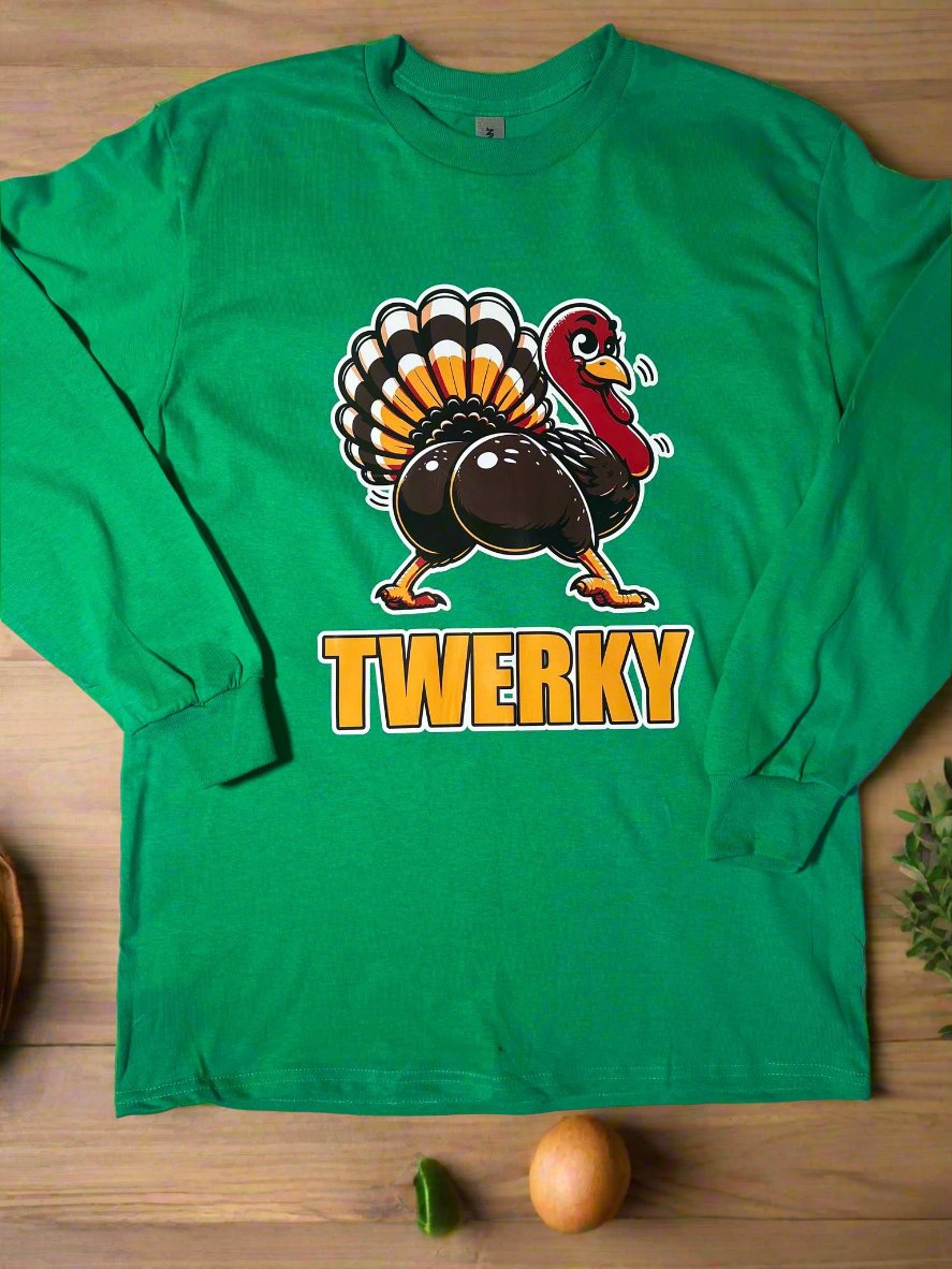 Green Gildan Ultra Cotton long sleeve shirt with funny turkey twerking graphic and bold “Twerky” text.