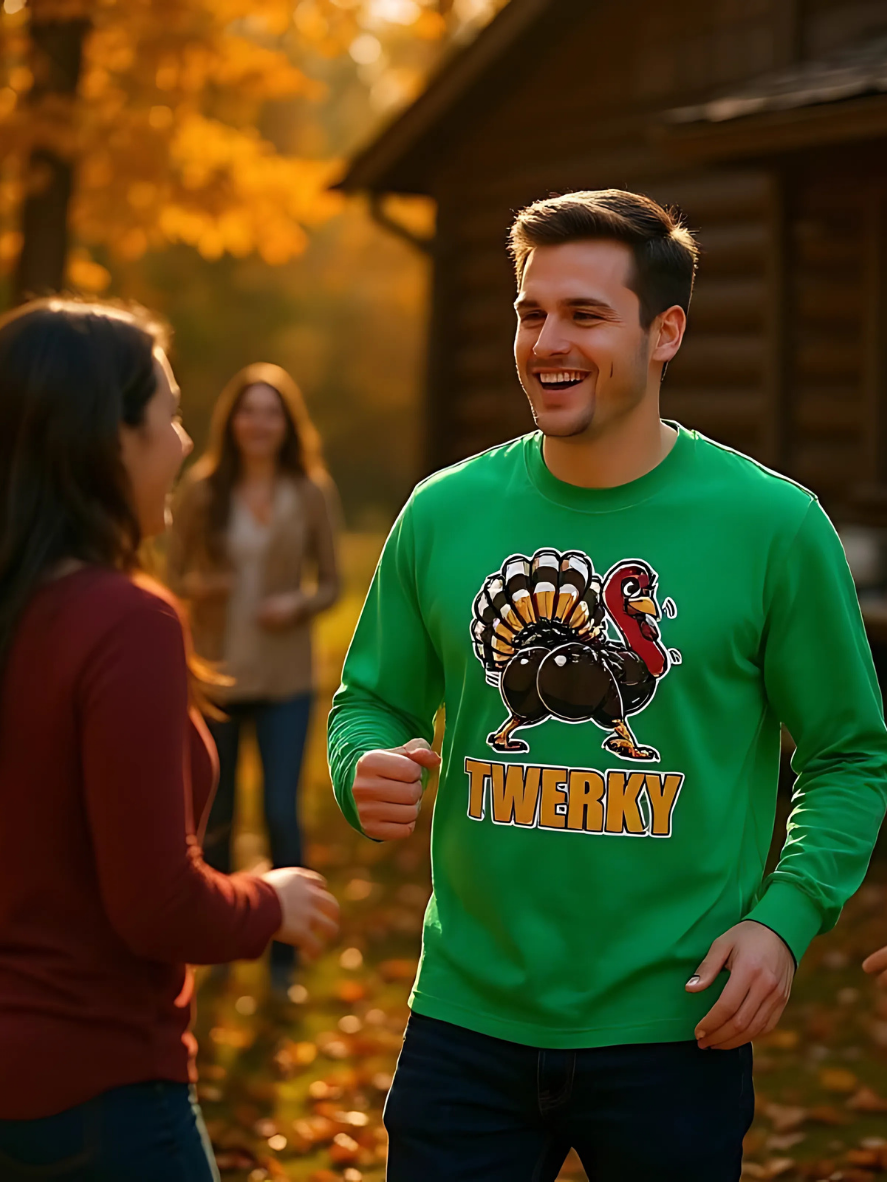Model wearing Twerky Thanksgiving Ultra Cotton shirt, standing outdoors with people around.