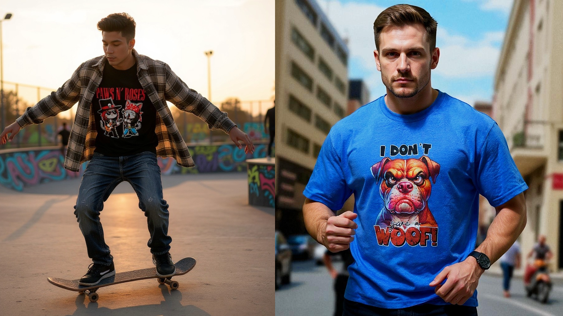 Two men wearing t-shirts with graphic designs, one skateboarding and the other running.