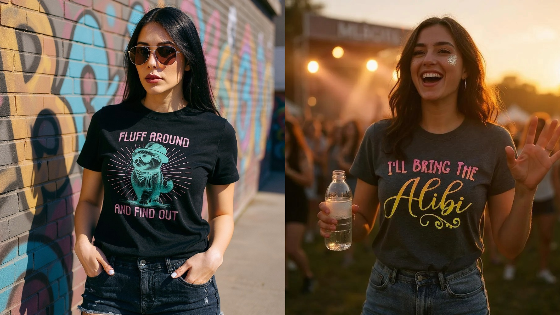 Two women wearing black t-shirts with graphic designs and text, one in front of a colorful mural and the other at a concert.
