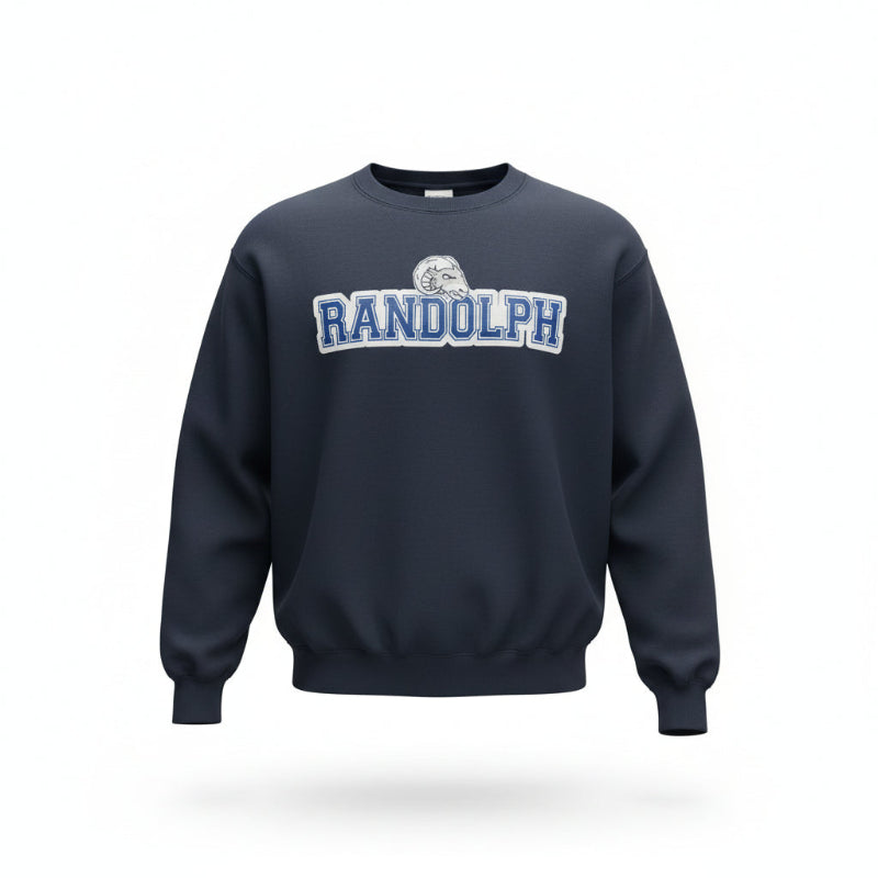 Navy blue sweatshirt with 'RANDOLPH' text on a white background
