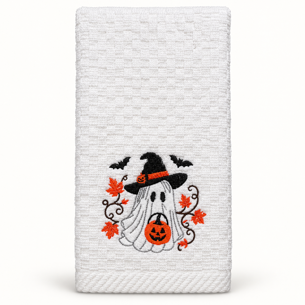 White embroidered Halloween ghost kitchen towel