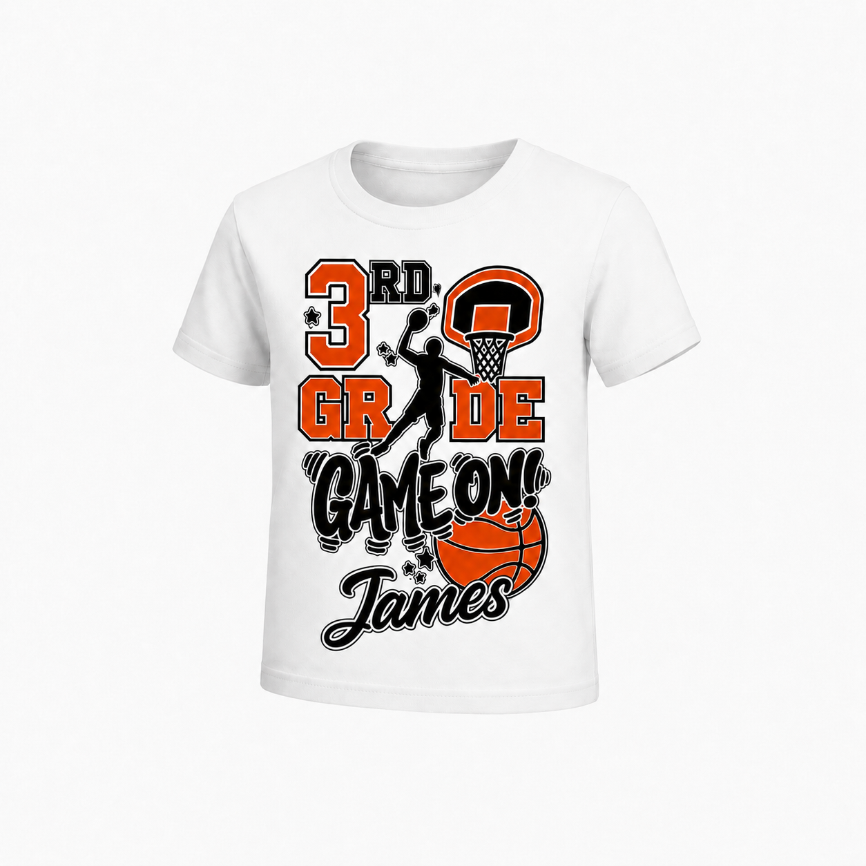 A white short-sleeve crewneck t-shirt featuring a custom 3rd birthday basketball graphic with the text '3rd Grade Game On James' in orange, black, and white.