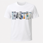 A white short-sleeve crewneck t-shirt featuring a graphic print of the word 'Hustle' constructed from US currency elements, including a portrait of Benjamin Franklin in the center 'O' and various bill designs spelling 'HOME'.