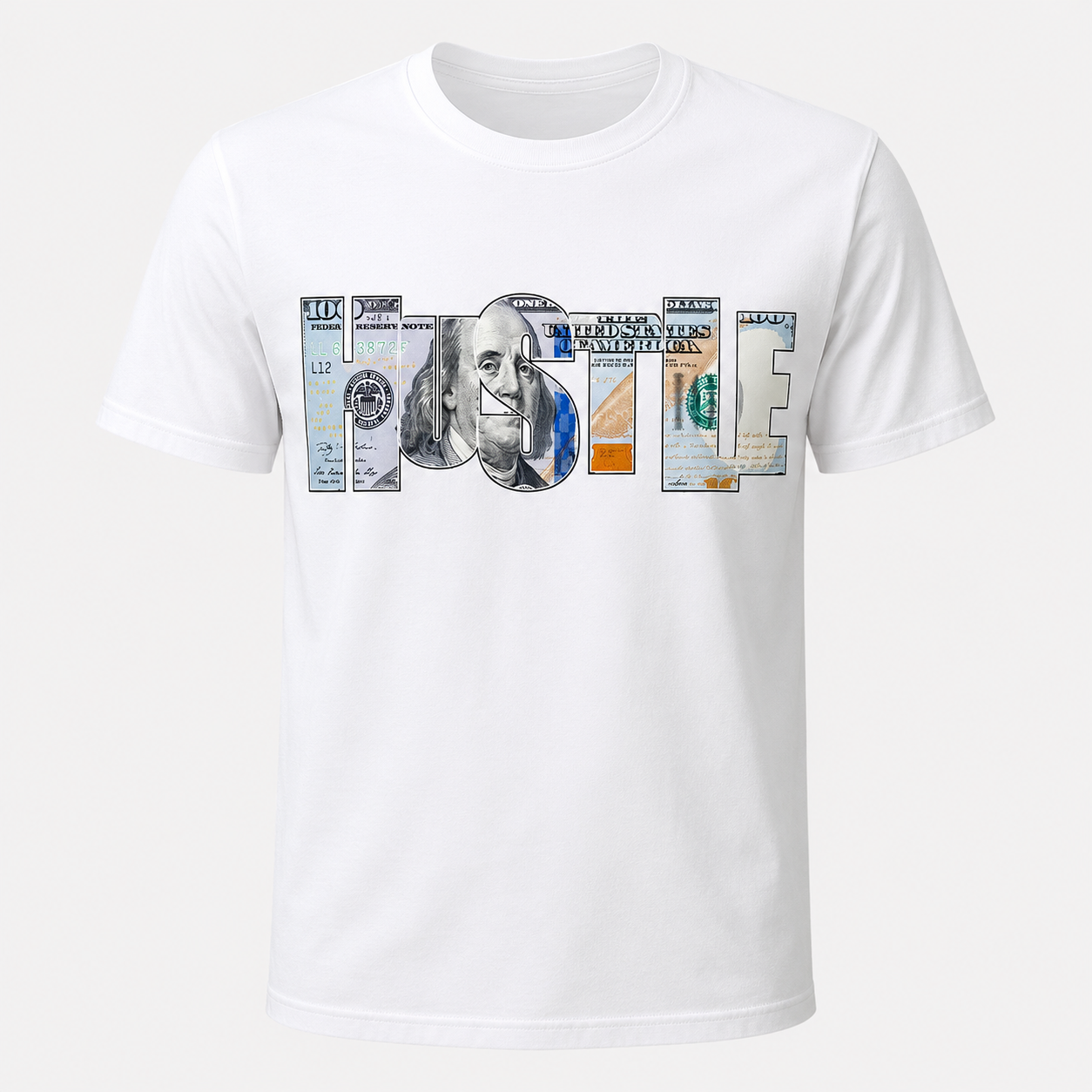 A white short-sleeve crewneck t-shirt featuring a graphic print of the word 'Hustle' constructed from US currency elements, including a portrait of Benjamin Franklin in the center 'O' and various bill designs spelling 'HOME'.