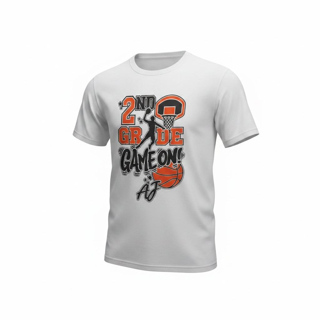A white short-sleeve crewneck t-shirt with a '2nd Grade Game On!' basketball graphic on the front, displayed on a clean white background.