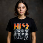 Woman model wearing a black t-shirt with 'HISS' design featuring cats on a dark background