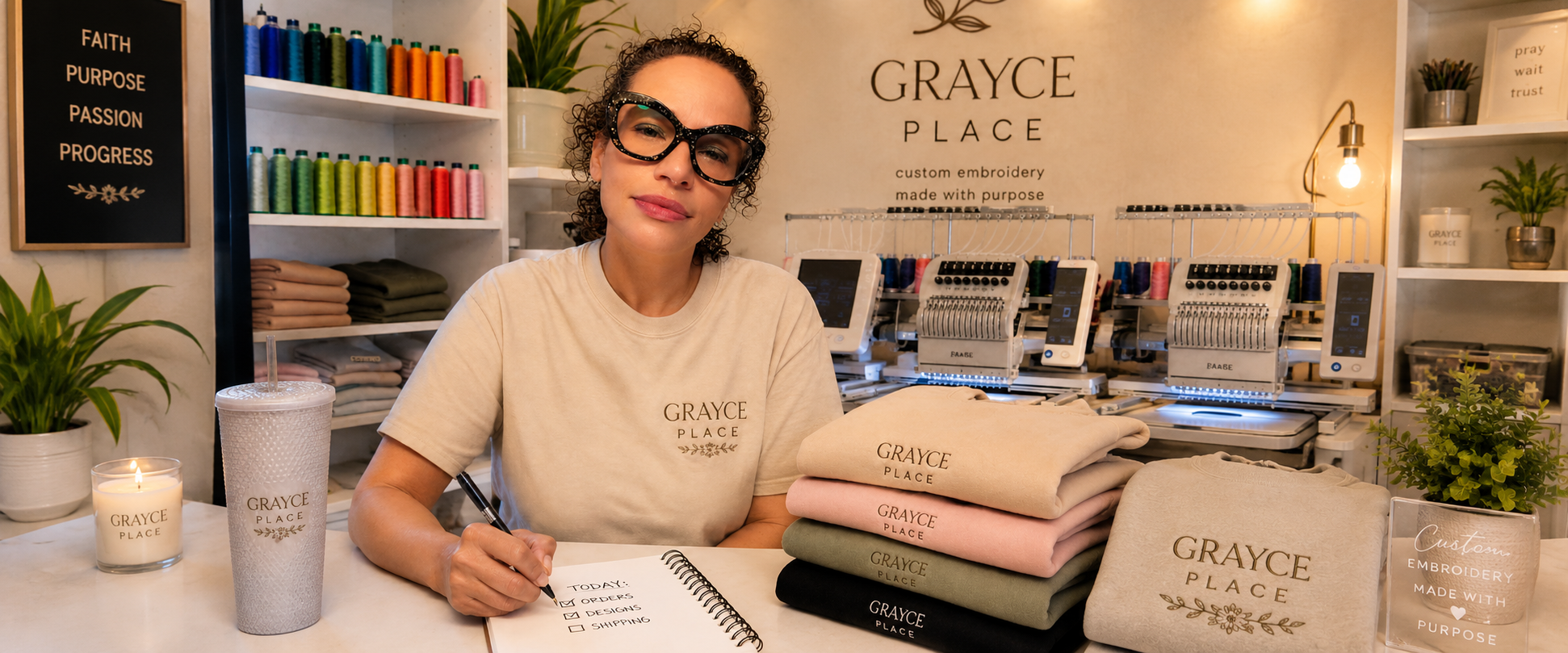A woman wearing glasses and a beige t-shirt with 'GRAYCE PLACE' printed on the front sits at a desk in a craft studio. The desk is styled with folded fabric swatches in beige, pink, black, and white, a gray tumbler, and a candle, with embroidery machines and shelves in the background.