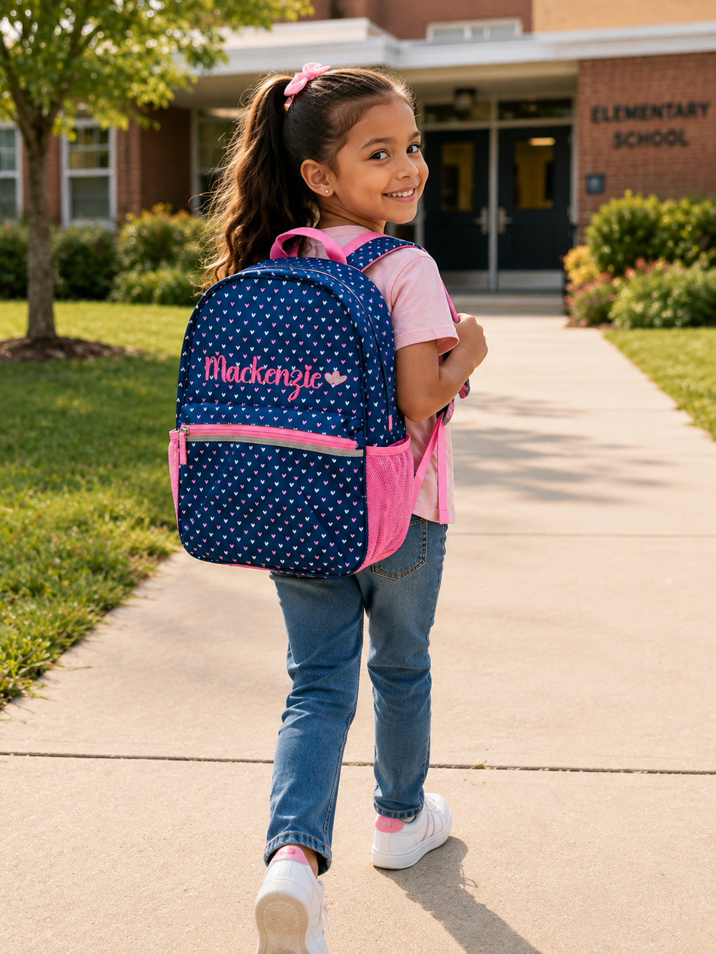 A young girl with a ponytail smiles while walking on a school pathway, wearing a navy blue backpack with white polka dots and pink accents. The backpack features the name 'Blackberry' in pink script with a small pink flower.