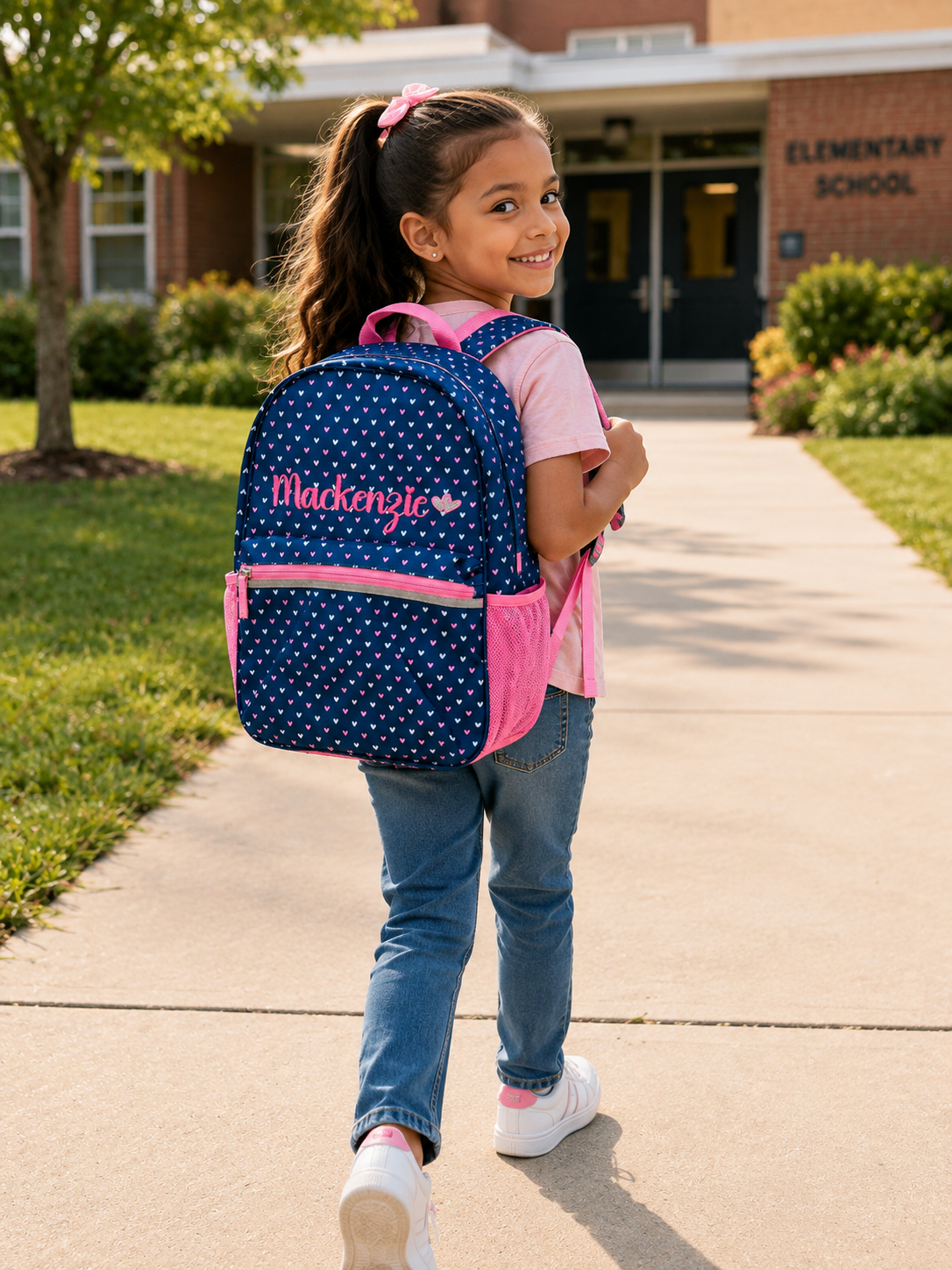 A young girl with a ponytail smiles while walking on a school pathway, wearing a navy blue backpack with white polka dots and pink accents. The backpack features the name 'Blackberry' in pink script with a small pink flower.