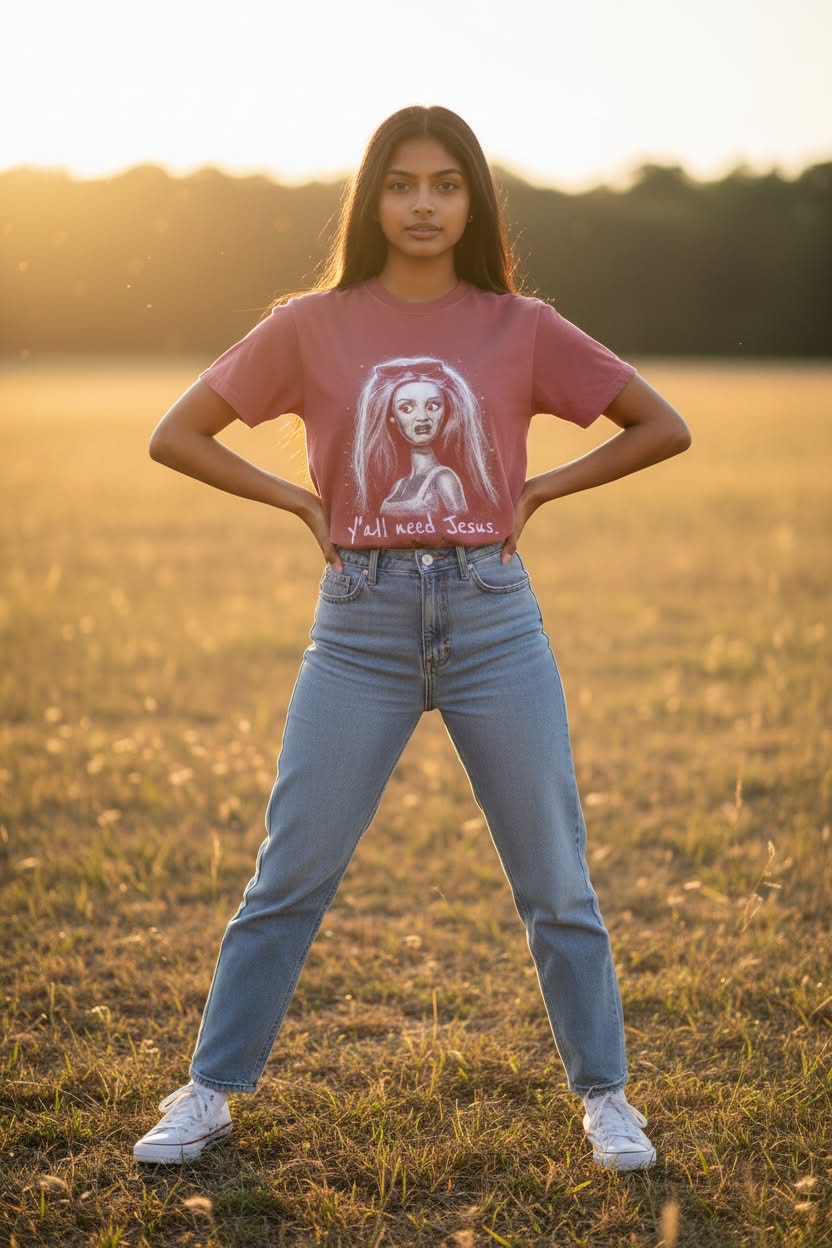A young woman stands in a grassy field at sunset wearing a dusty rose graphic t-shirt with a white sketch of a woman and the text 'Yall need Jesus', paired with light-wash blue jeans and white sneakers.