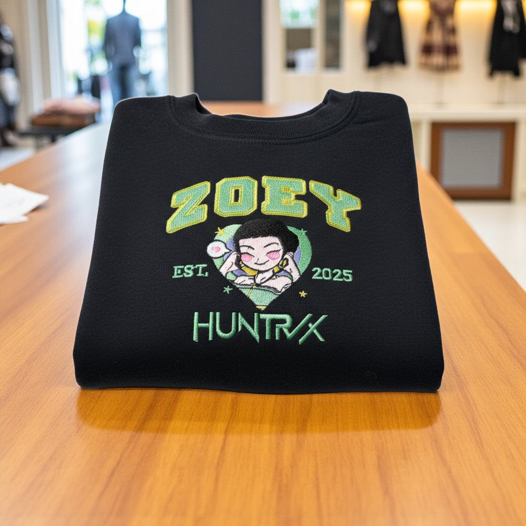 Black sweatshirt with 'Zoey Huntrx' design on a wooden table