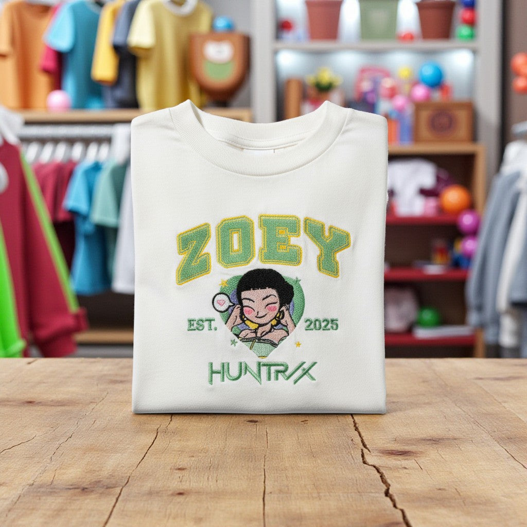 White sweatshirt with 'ZOEY' and 'HUNTRX' design on a wooden surface with a store background.